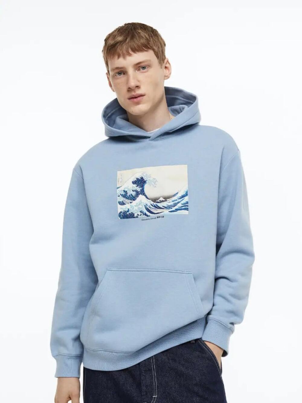 H&M Men's Relaxed Fit Great Wave off Kanagawa Pullover Hoodie Light Blue Size M